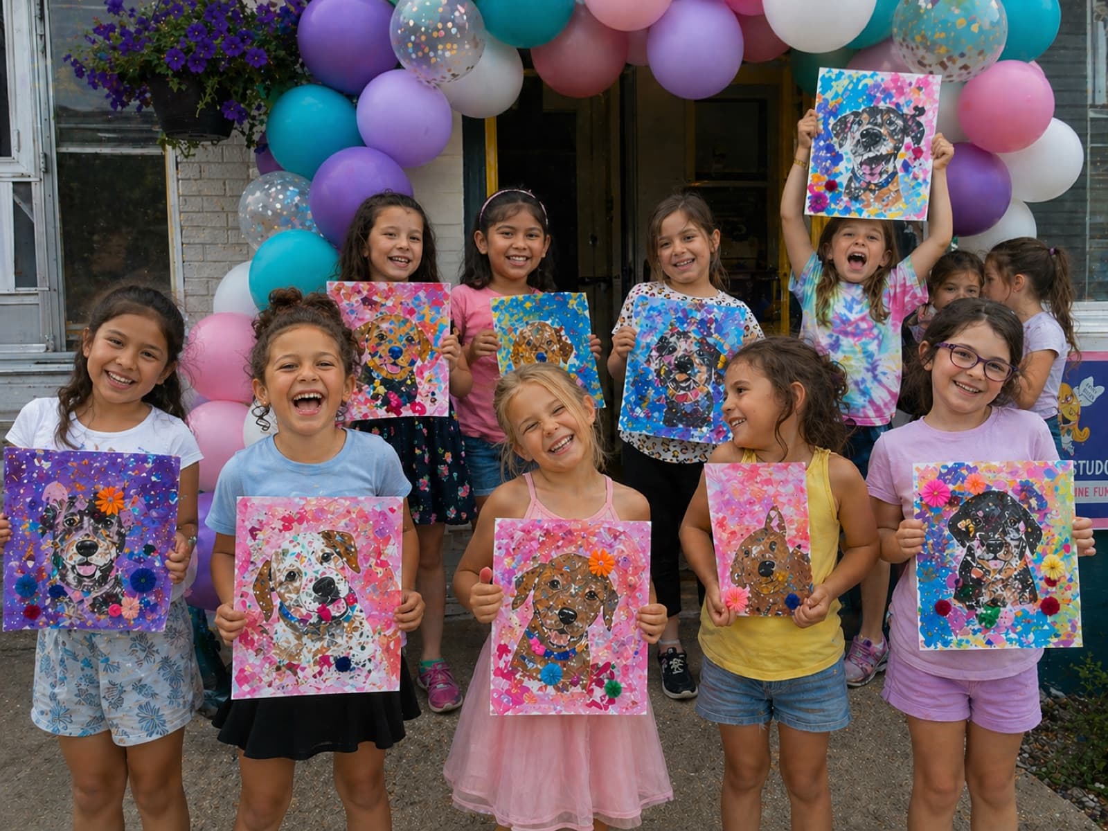 Group of girls under a balloon arch holding flower-mosaic dog portrait paintings