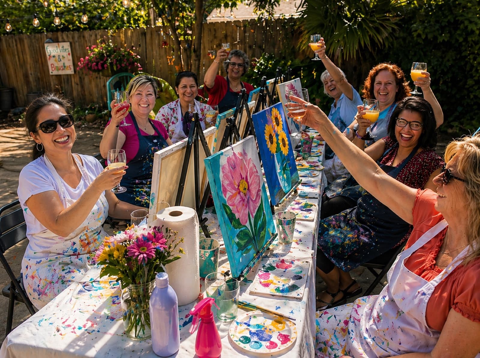 Adults raising glasses at a backyard paint and sip with sunflower paintings on easels