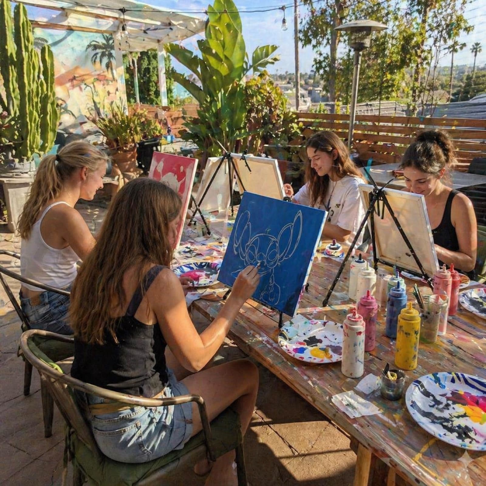 Friends painting on easels at a rooftop paint and sip session at golden hour