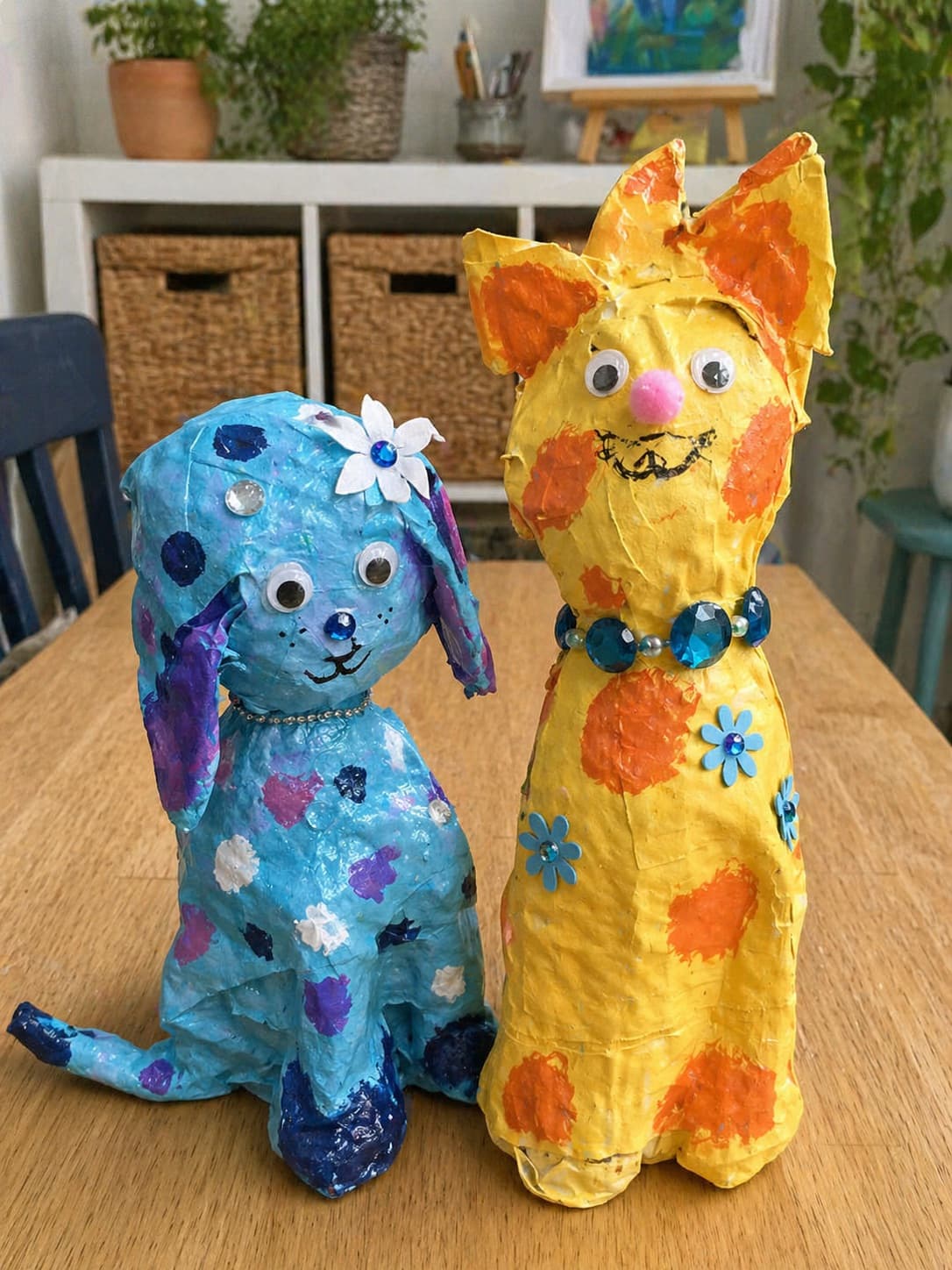 Hand-sculpted papier-mâché dog and cat painted in bright colors