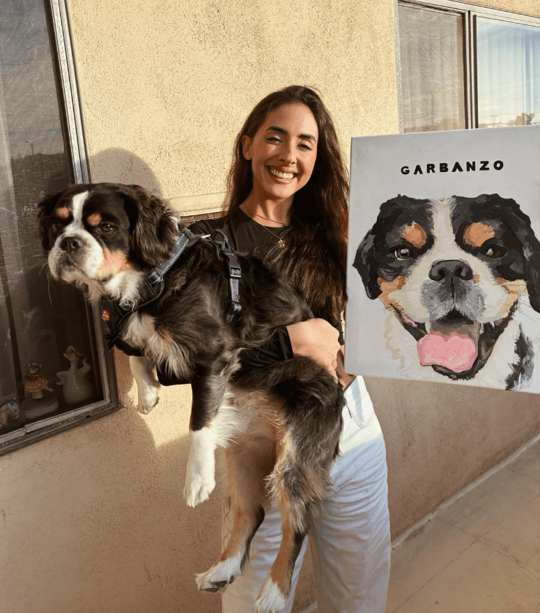 Garbanzo — a custom commissioned dog portrait alongside the dog himself