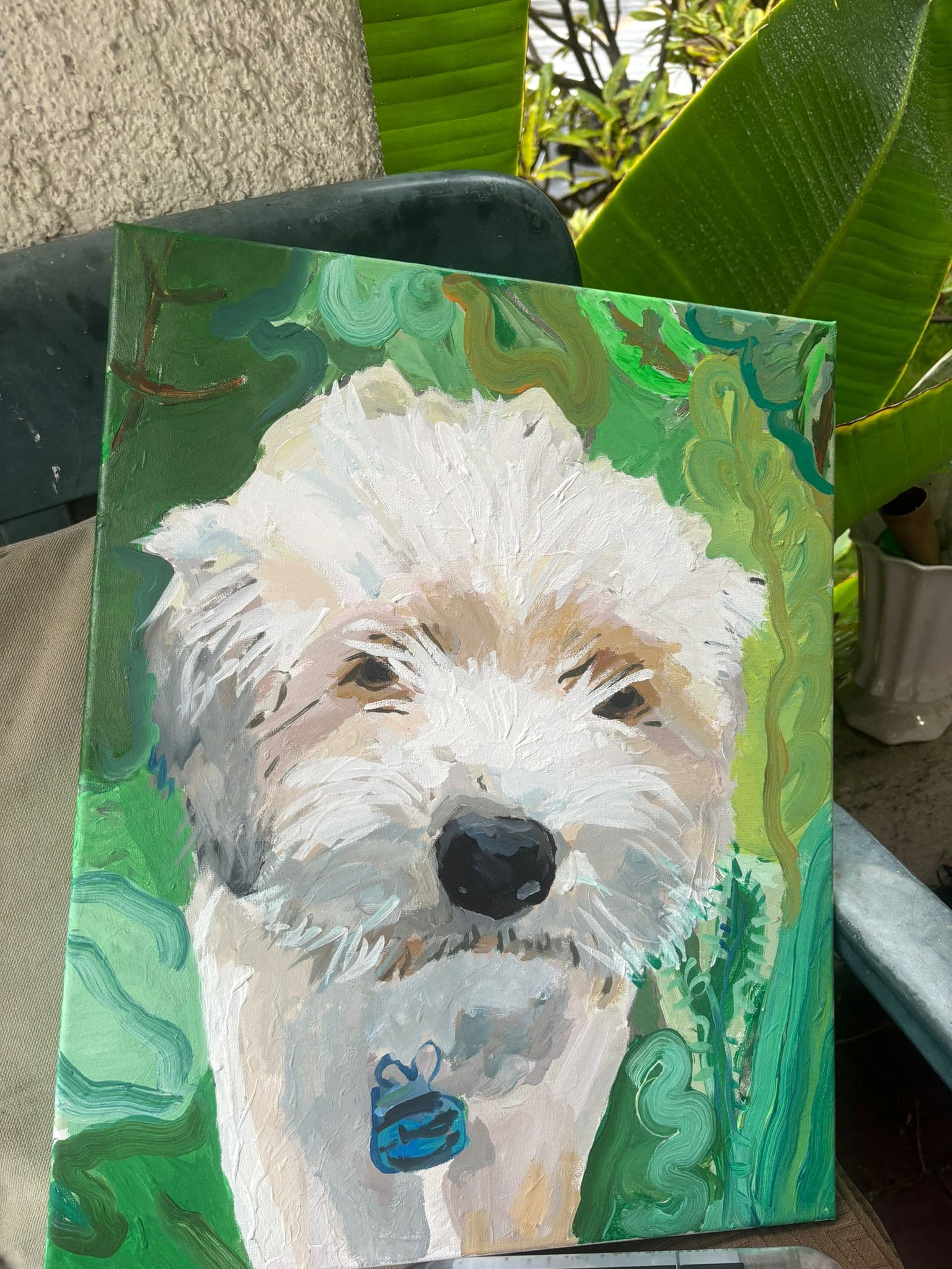Painted portrait of a white doodle dog on a green background