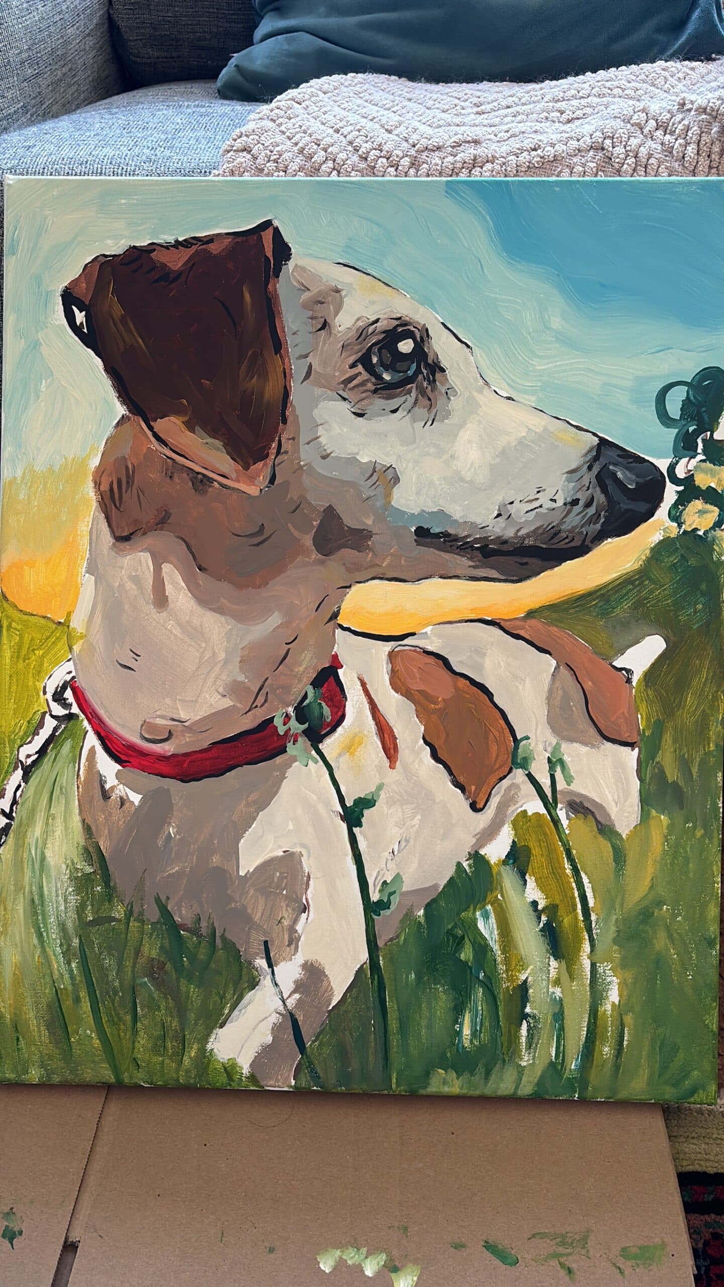 Painted portrait of a Jack Russell terrier in tall grass