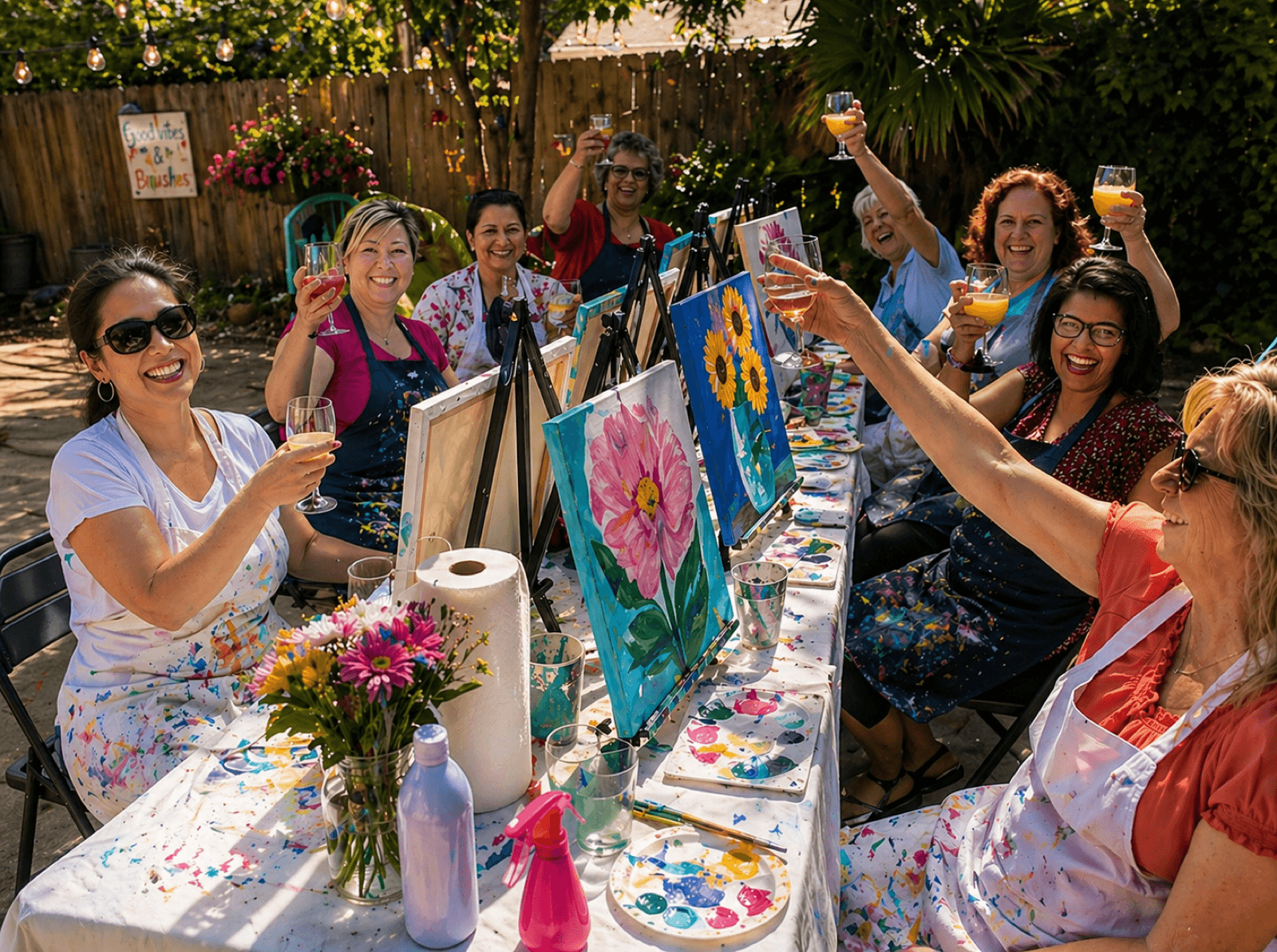 Adults raising glasses at a backyard paint and sip with sunflower paintings on easels