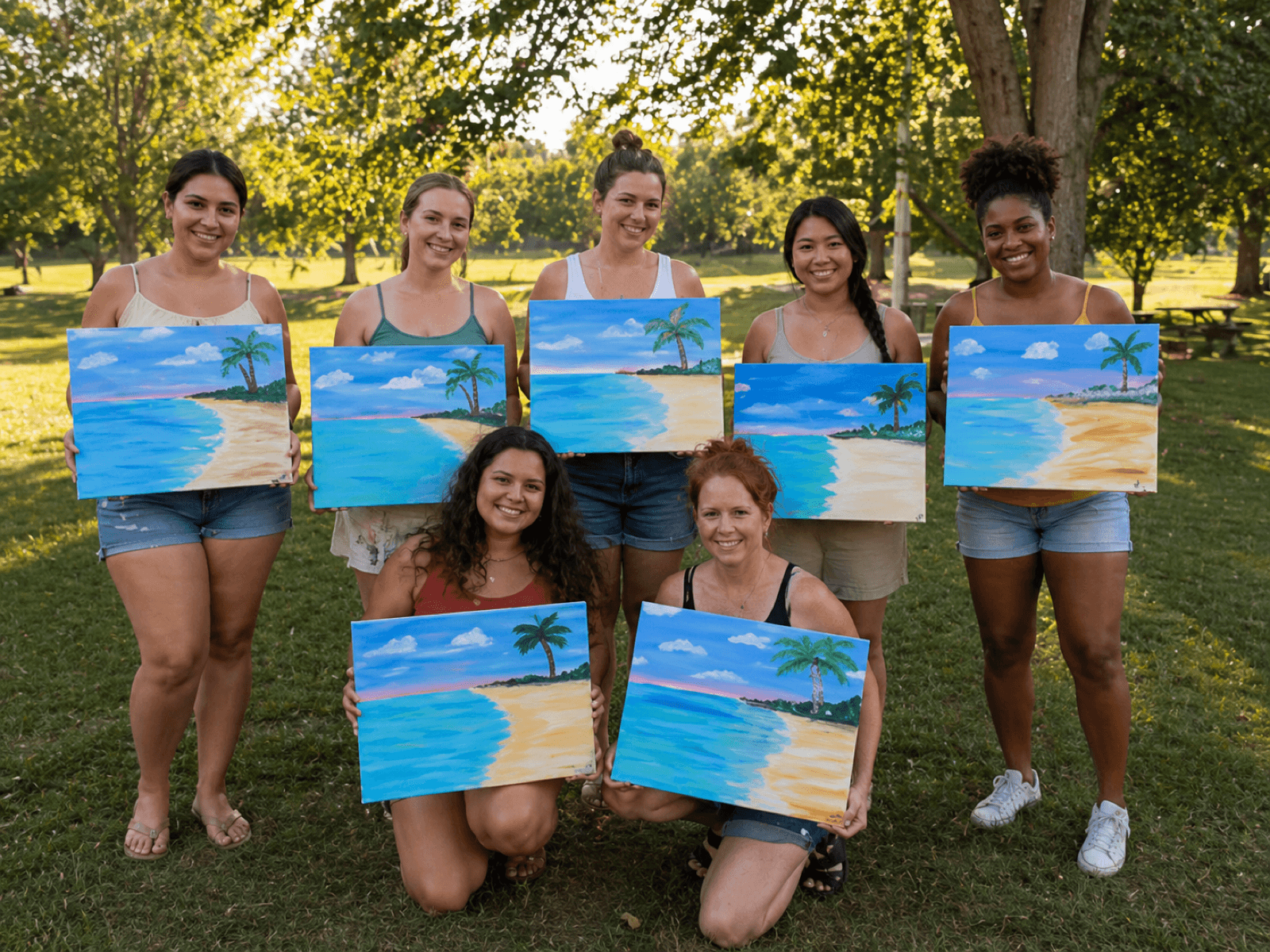 Group of women in a park holding tropical beach and palm tree paintings