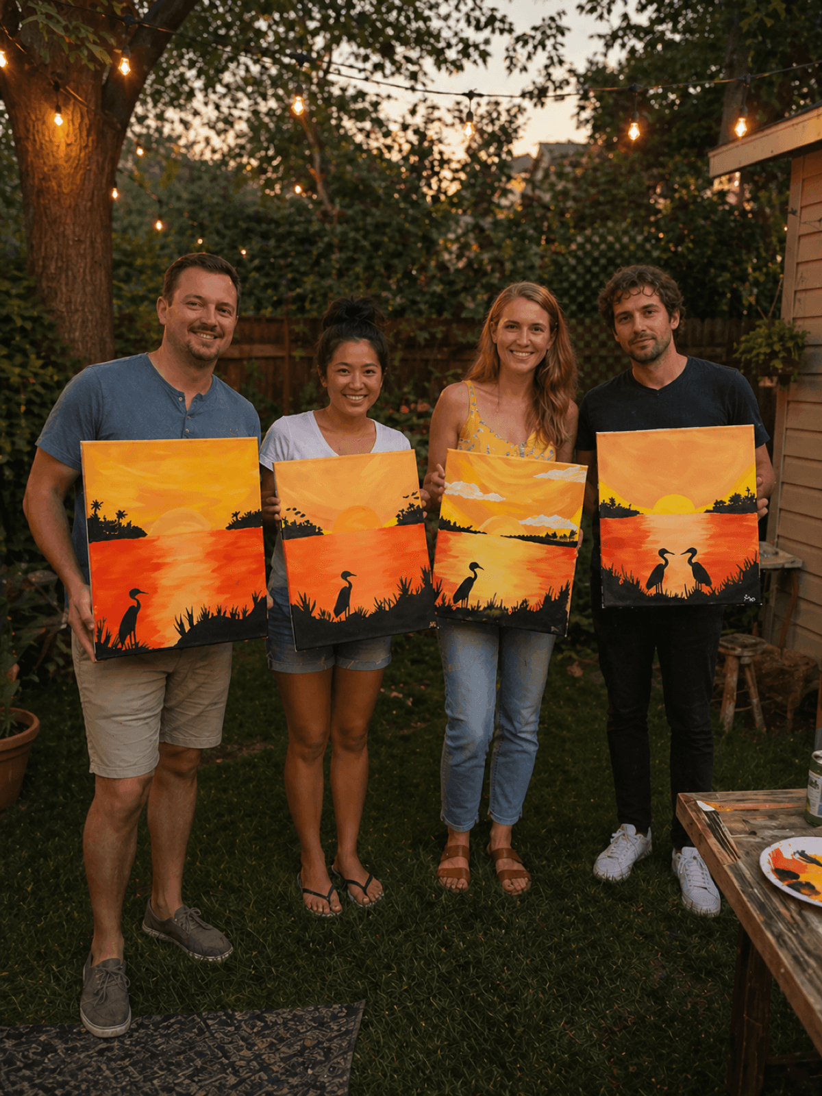 Friends in a backyard at dusk holding sunset silhouette paintings