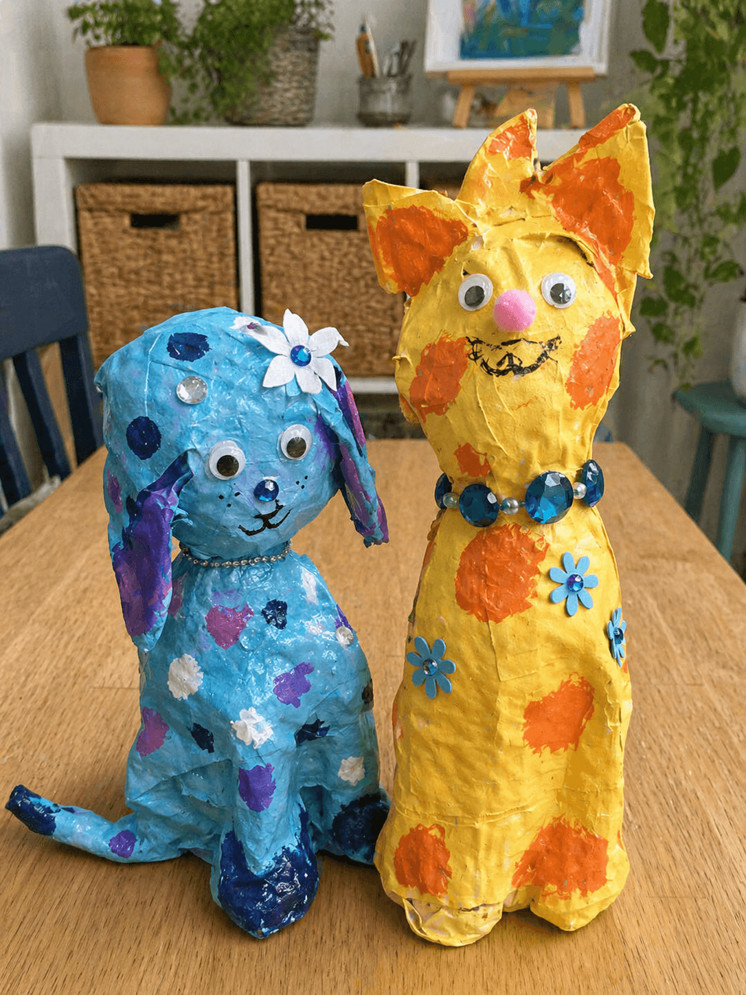 Hand-built and painted clay animal sculptures