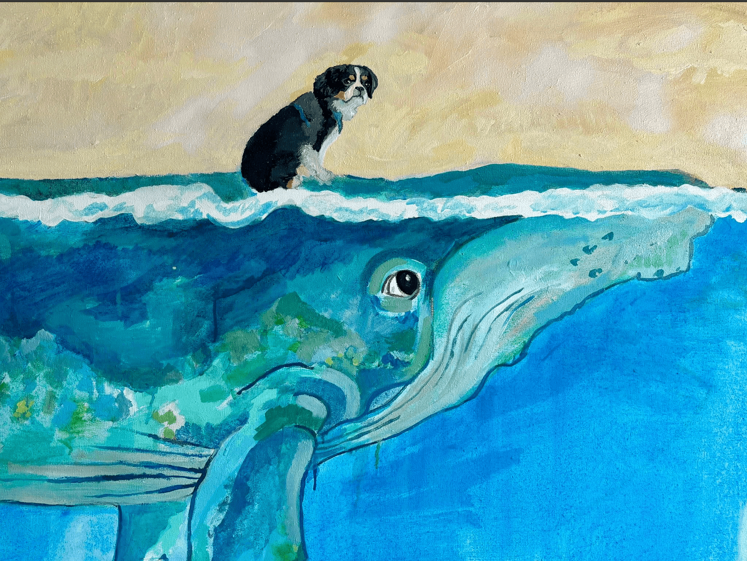 Painting of a small dog perched on the back of a whale at sea
