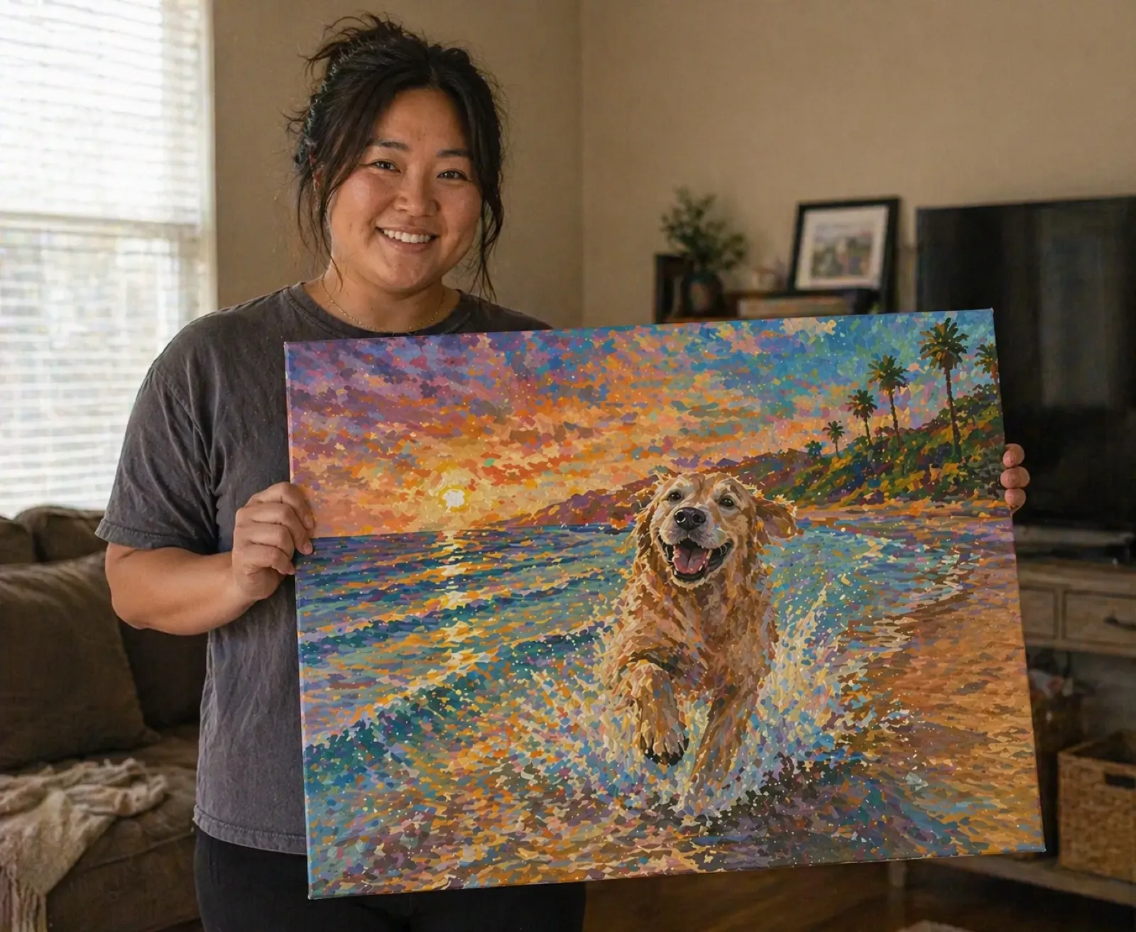 Client smiling indoors holding a large pointillist-style commissioned painting of a golden retriever running on a sunset beach
