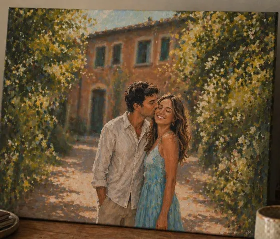Commissioned painted portrait of a couple in a Tuscan garden setting