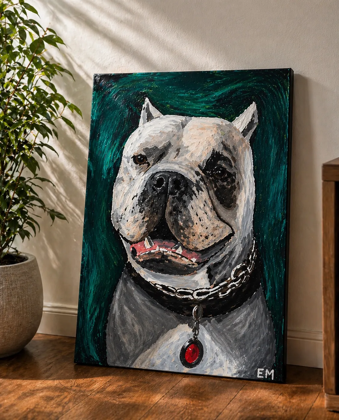 Impressionist-style painted portrait of a white bulldog with a chain collar and red jewel pendant against a deep emerald-green swirling background