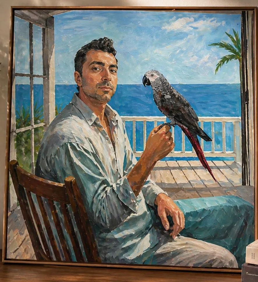 Oil-painted portrait of a man on a seaside balcony with a grey parrot perched on his hand