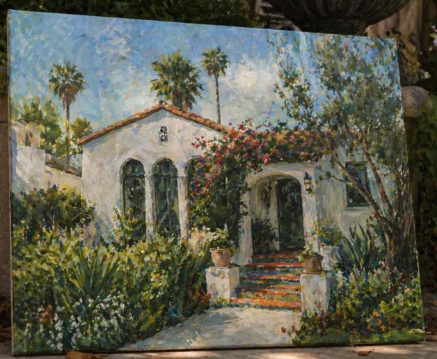 Impressionist commissioned painting of a Spanish-style California bungalow with red-tile roof, bougainvillea, and palm trees