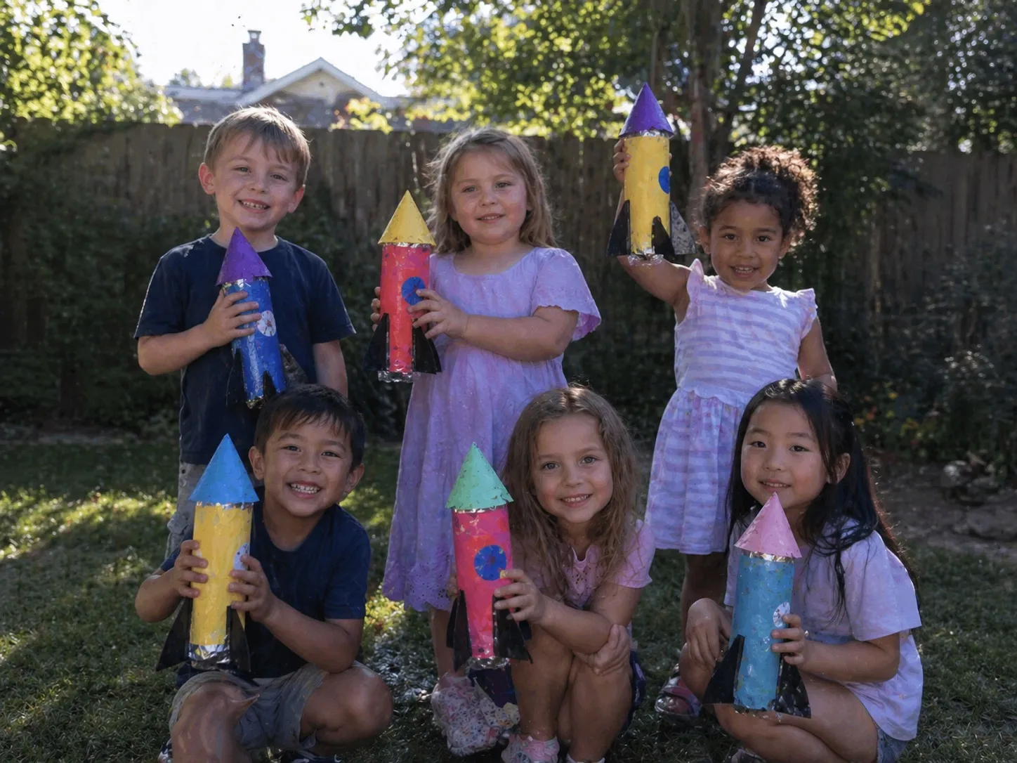 Six kids in a backyard holding hand-painted paper rockets they decorated at an outdoor art party