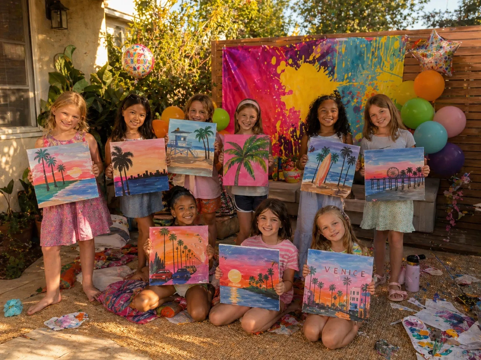 Kids at a backyard party holding finished Venice-themed beach and palm tree canvases