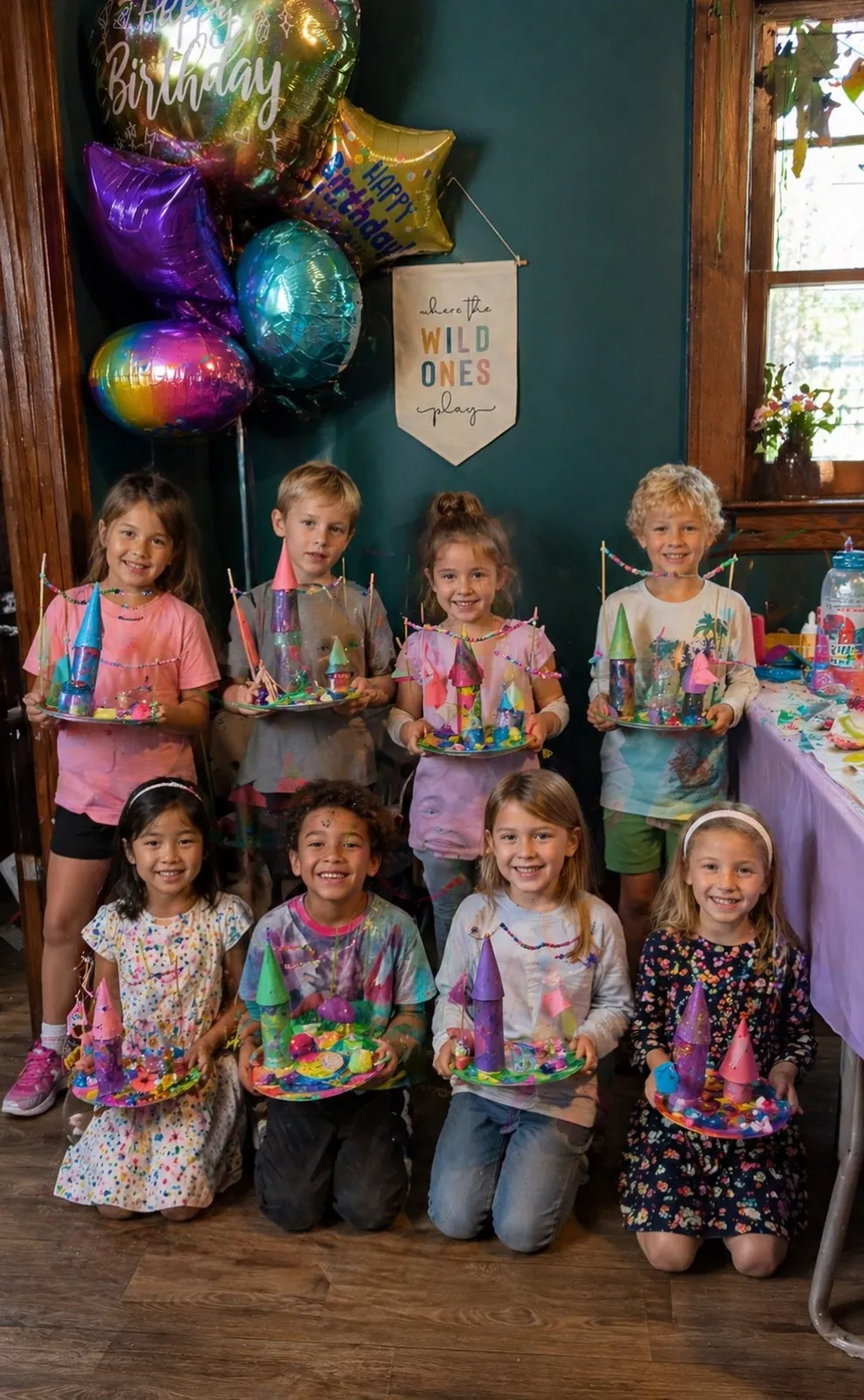 Kids in colorful tie-dye holding finished cone-shaped art creations at a Wild Ones birthday