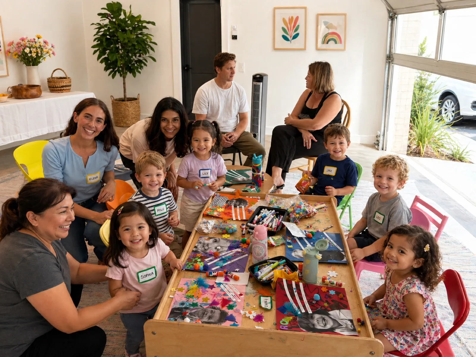 Toddlers and parents around a craft table — mommy and me sessions we run in Sherman Oaks homes