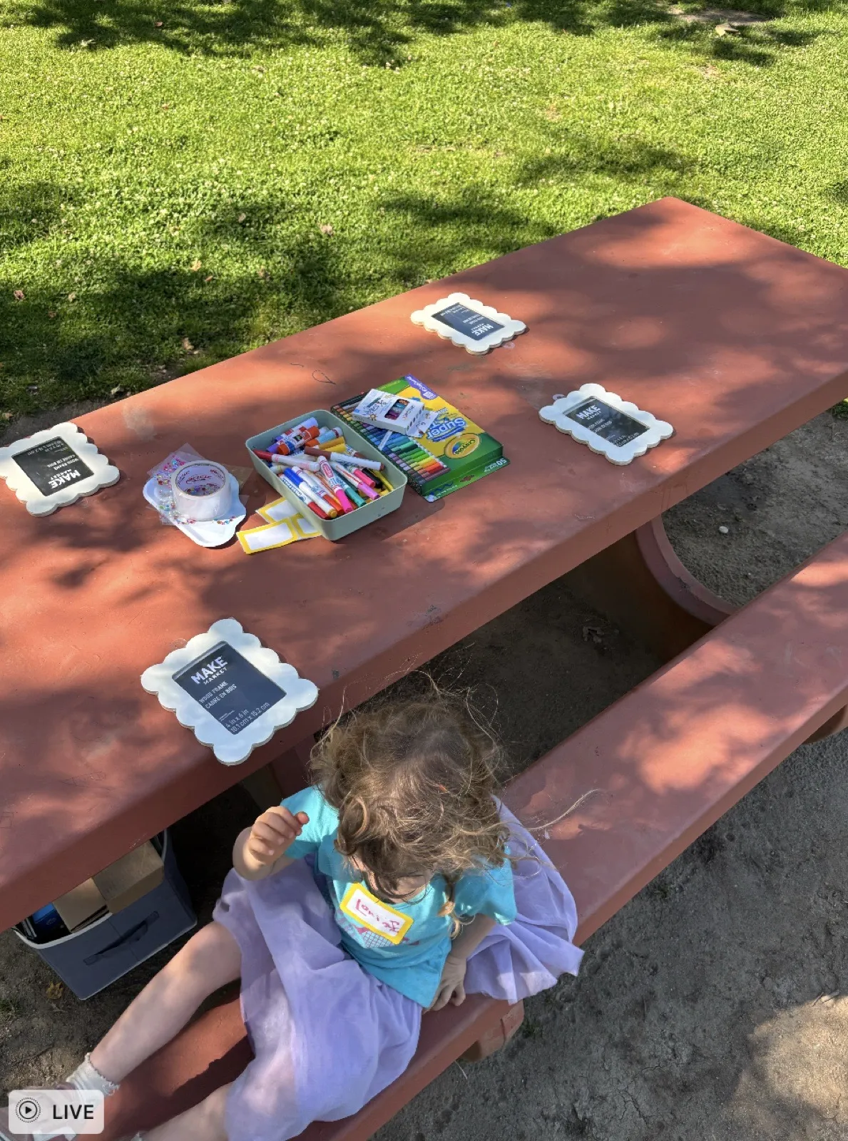Aerial view of a park picnic table with finished wood-frame crafts laid out and a toddler resting nearby