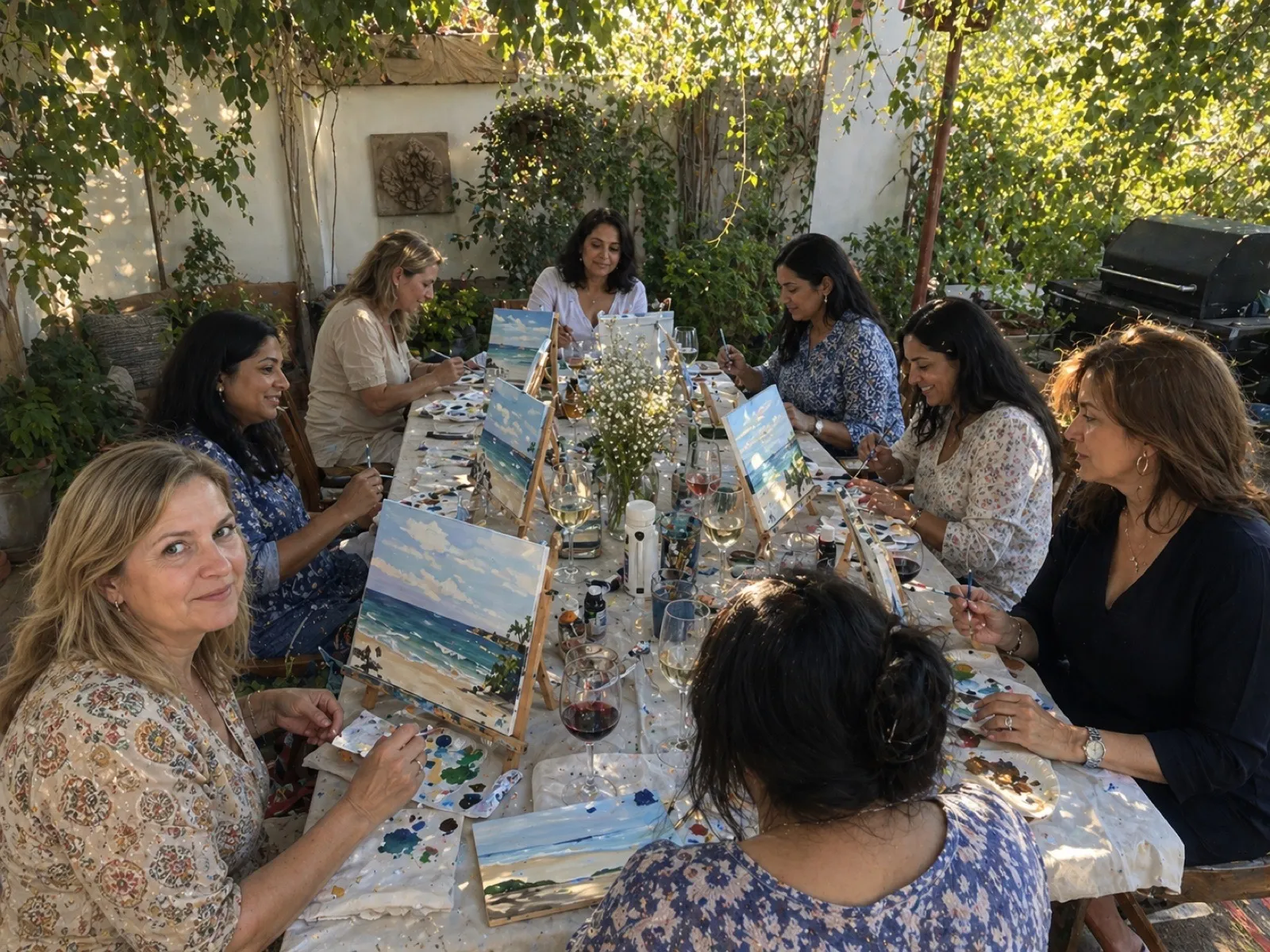 Coworkers painting seascapes together at a long table on a leafy patio — daytime office offsite