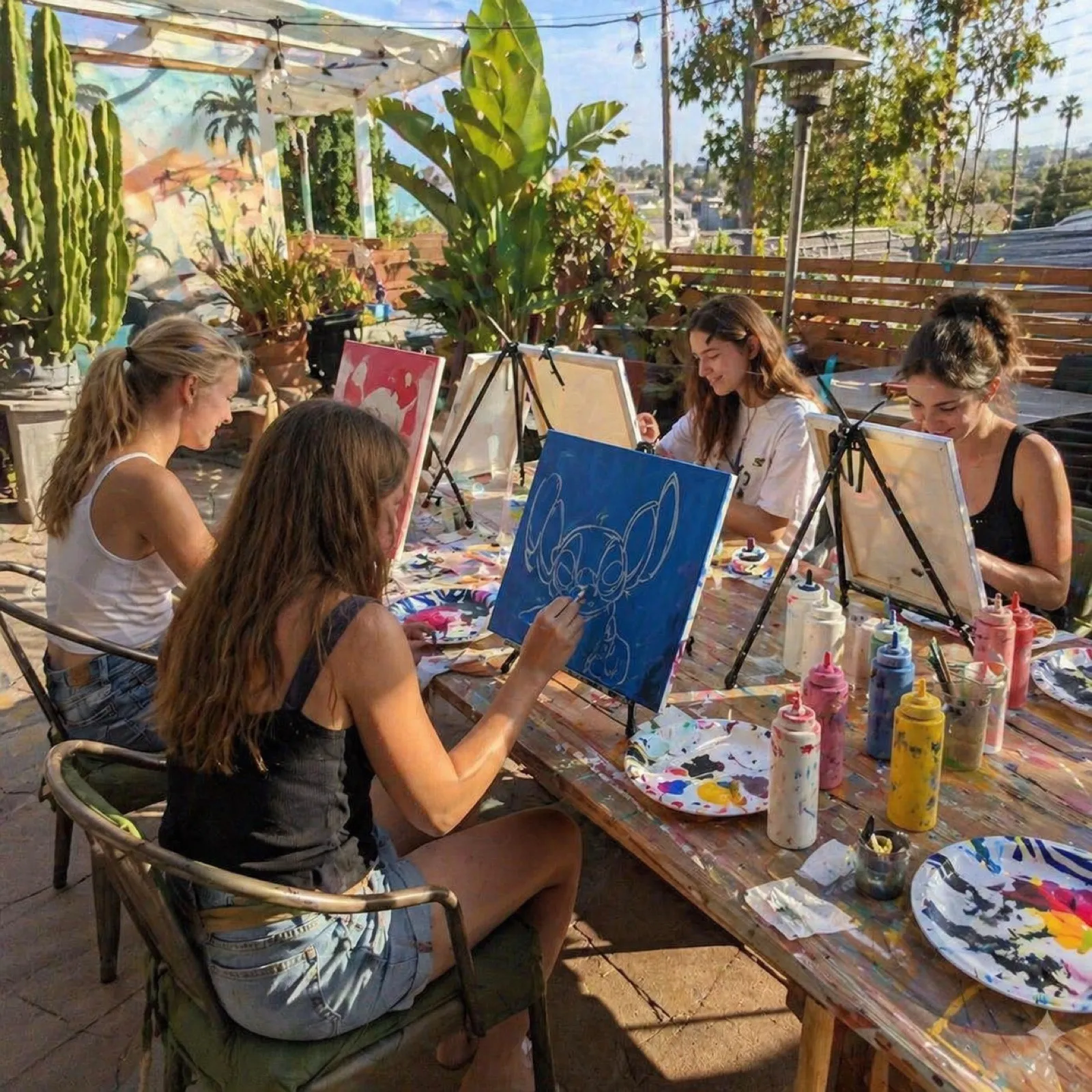 Coworkers painting on easels at a rooftop team-building session at golden hour