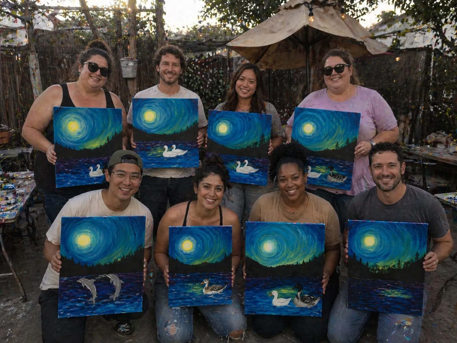 Coworkers posing with their finished starry-night swan paintings — evening office paint and sip