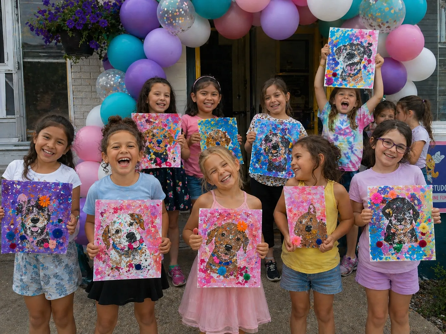 Group of kids holding finished pet paintings under a balloon arch