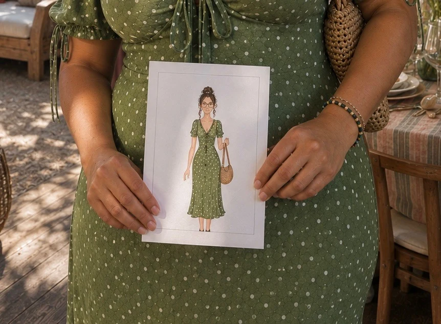 A guest in a green polka-dot dress holding a watercolor portrait of herself wearing the same dress
