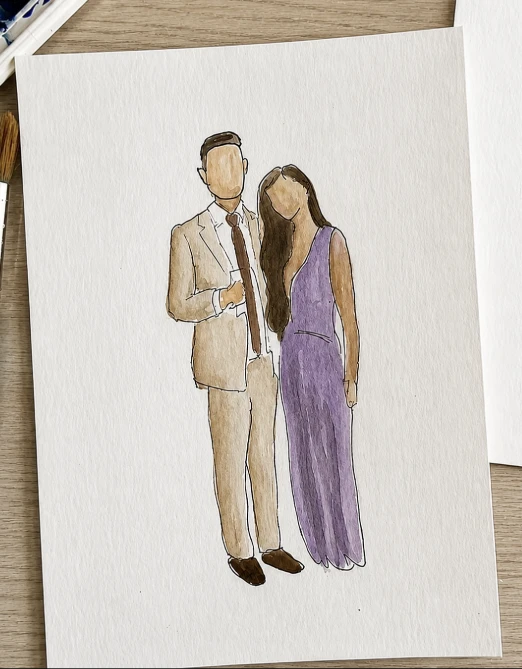 A finished live watercolor guest portrait of a couple, the man in a tan suit and the woman in a purple gown, painted on watercolor paper