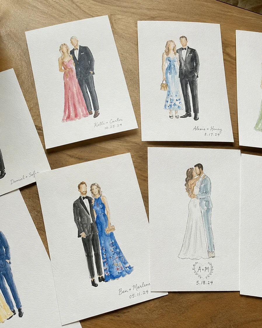 Finished live watercolor guest portraits of couples in formal wedding attire, each hand-lettered with the couple's names and wedding date
