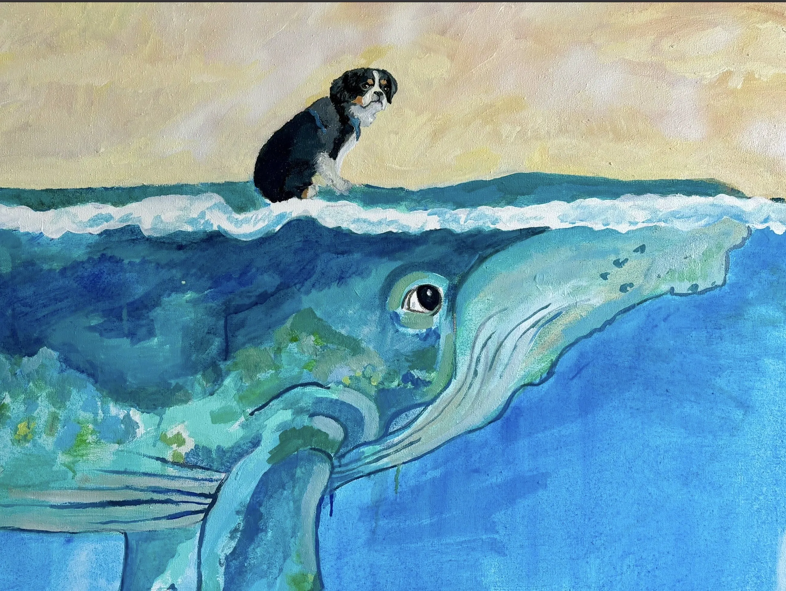 Whimsical custom painting of a small dog perched on a whale at sea
